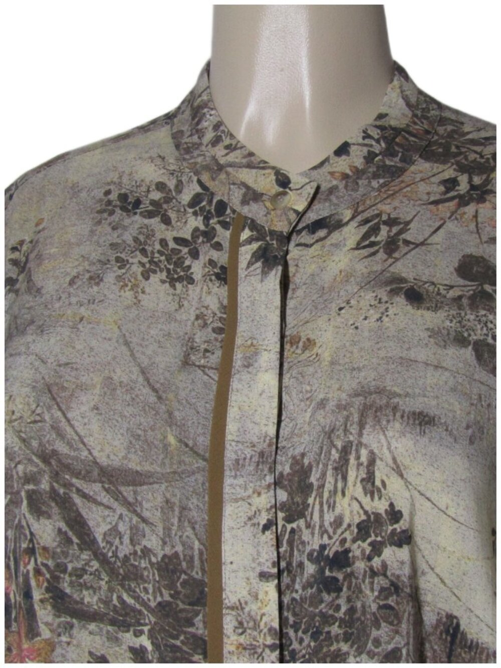 PERUVIAN CONNECTION Brown Asian Floral Mandarin Luxury Career Blouse Top L